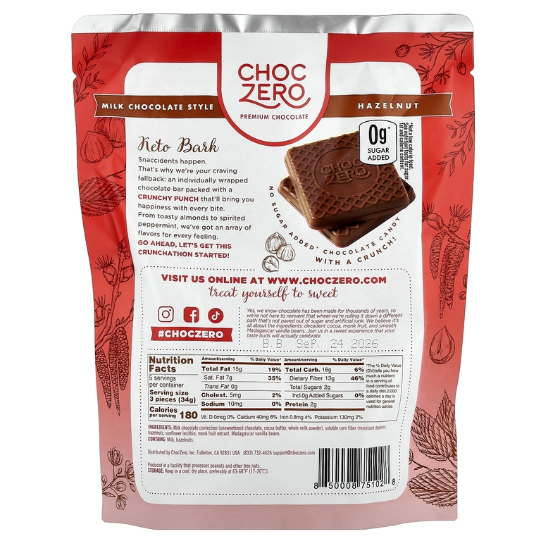 ChocZero, Keto Bark, молочный шоколад, с фундуком, 15 мини-упаковок, 170 г (6 унций)