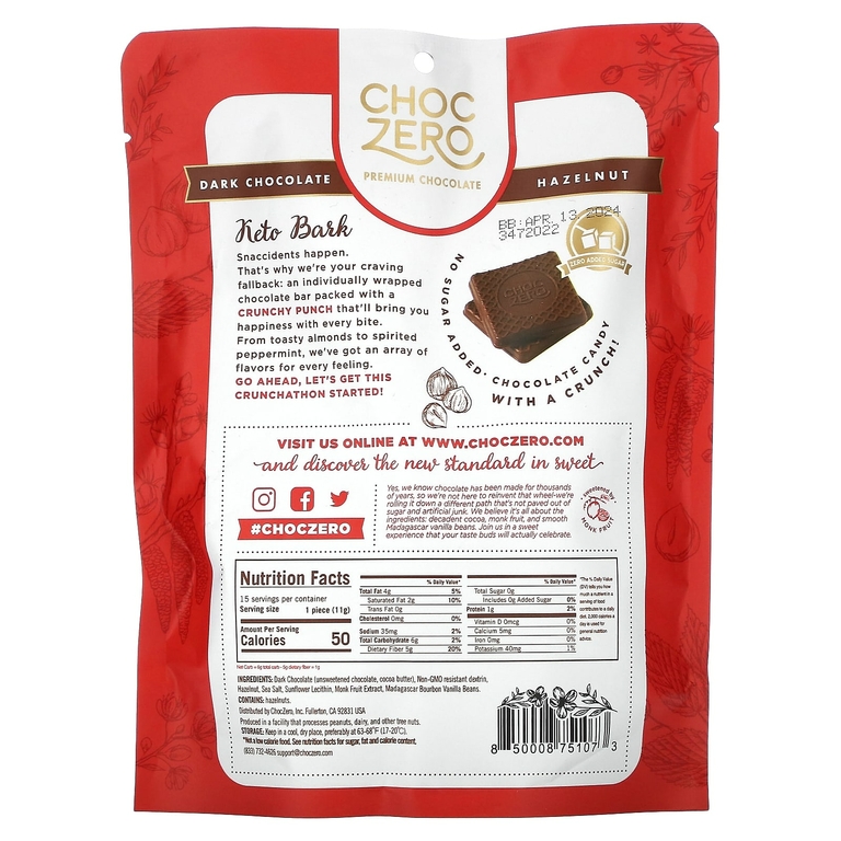 ChocZero, черный шоколад с морской солью и фундуком, без сахара, 6 мини-плиток, по 28 г (1 унции)