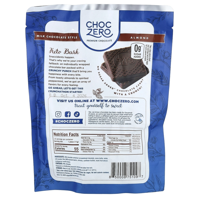 ChocZero, Keto Bark, молочный шоколад с миндалем без добавления сахара, 15 шт., 170 г (6 унций)