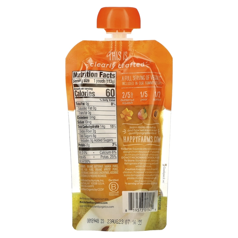 Happy Family Organics, Happy Baby, органическое детское питание, для детей от 6 месяцев, тыква, груши и абрикосы, 113 г (4 унции)