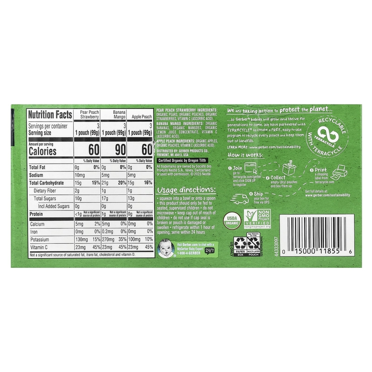 Gerber, Organic for Baby, 2nd Foods®, Fruit Favourites, 9 пакетиков, 99 г (3,5 унции)