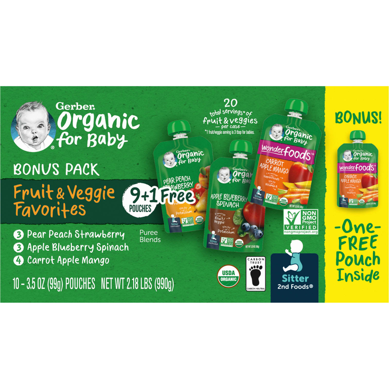 Gerber, Organic for Baby, 2nd Foods, любимые фрукты и овощи, 9 пакетиков, 99 г (3,5 унции)