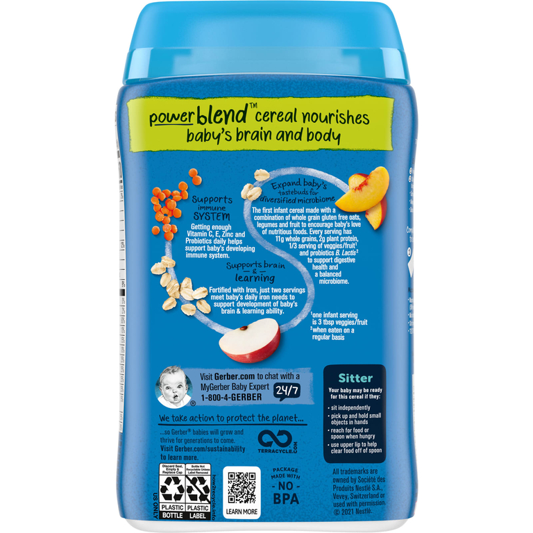 Gerber, Cereal for Baby, Power Blend, 2nd Foods, овсянка с пробиотиками, чечевица, персик и яблоко, 227 г (8 унций)