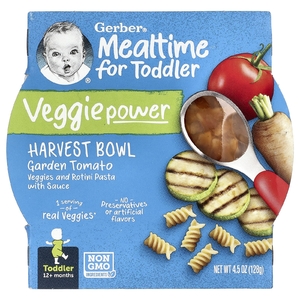 Gerber, Mealtime For Toddler, Veggie Power, миска для сбора урожая, для детей от 12 месяцев, овощные томаты и паста ротини с соусом, 128 г (4,5 унции)