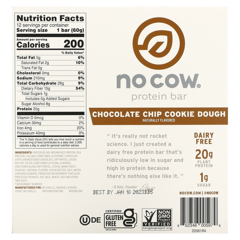 No Cow, Протеиновый батончик, тесто с шоколадной крошкой, 12 батончиков, 60 г (2,12 унции)