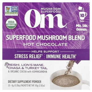 Om Mushrooms, Смесь горячего шоколада с грибами, 10 пакетиков по 8 г (0,28 унции)