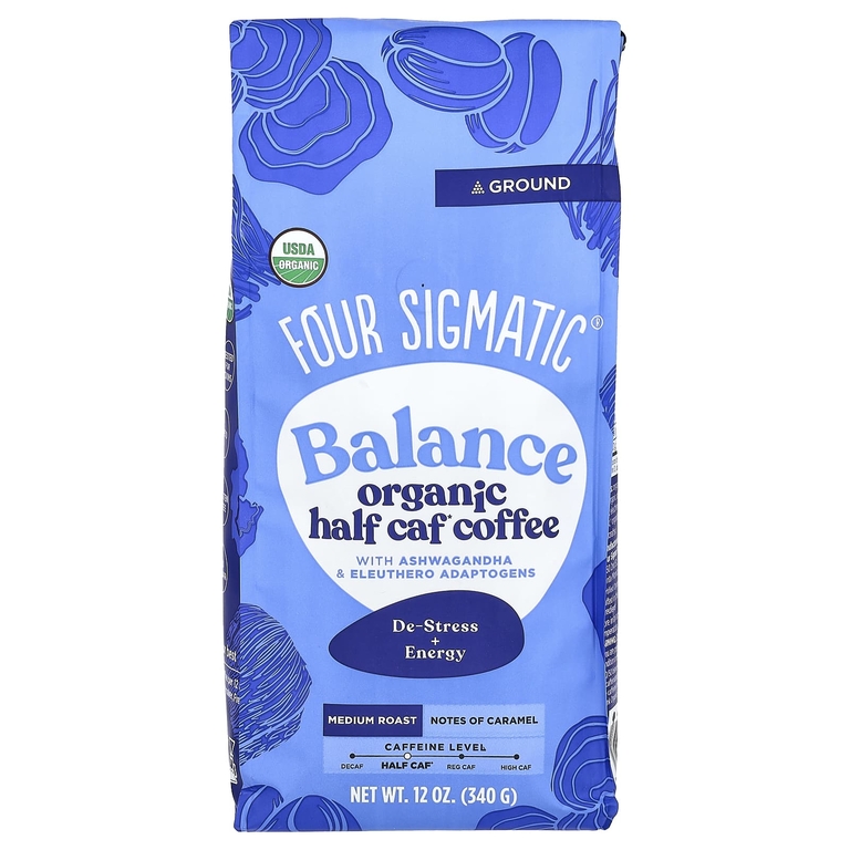 Four Sigmatic, Balance, органический кофе наполовину с адаптогенами ашваганды и элеутерококка, молотый, средней обжарки, 340 г (12 унций)