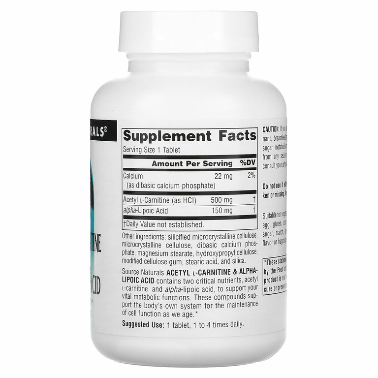 Source Naturals, ацетил-L-карнитин и альфа-липоевая кислота, 650 мг, 60 таблеток