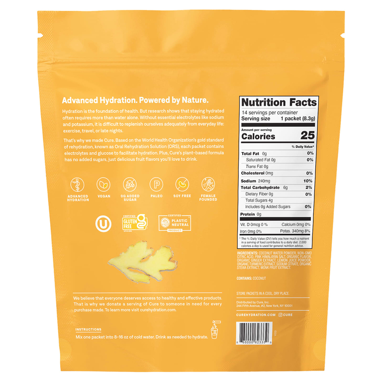 Cure Hydration, увлажняющая смесь электролитов, со вкусом имбиря и куркумы, 14 пакетиков по 8,3 г (0,29 унции) каждый