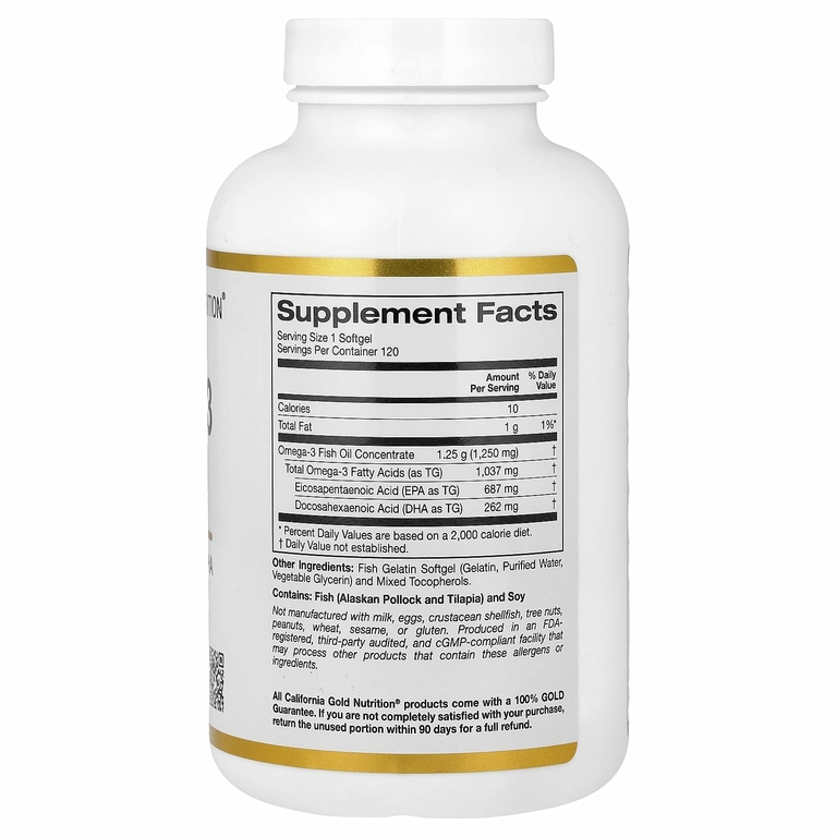 California Gold Nutrition, рыбий жир с омега-3, 120 капсул из рыбьего желатина (1250 мг в 1 капсуле)