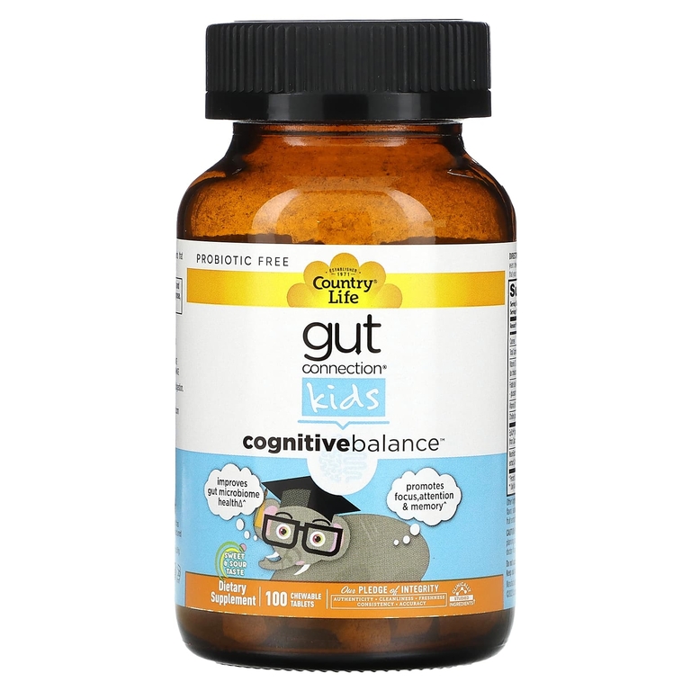 Country Life, Gut Connection, Cognitive Balance, для детей, средство для когнитивного баланса, кисло-сладкий вкус, 100 жевательных таблеток