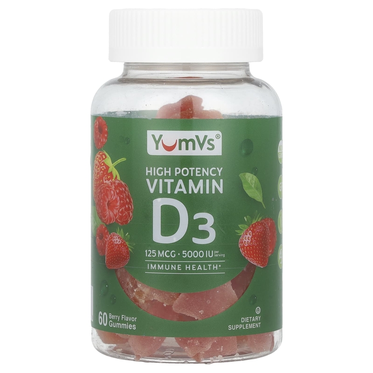 YumVs, Жевательные таблетки с витамином D3, высокоэффективные, ягодные, 125 мкг (5000 МЕ), 60 жевательных таблеток