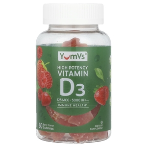 YumVs, Жевательные таблетки с витамином D3, высокоэффективные, ягодные, 125 мкг (5000 МЕ), 60 жевательных таблеток