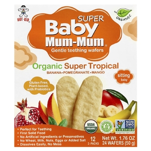 Hot Kid, Baby Mum-Mum® Super, нежные вафли для прорезывания зубов, для малышей, органические тропические фрукты, 12 пакетиков по 2 вафли