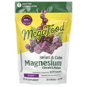 MegaFood, магний, цитрат и малат, виноград, 30 жевательных таблеток в индивидуальной упаковке (125 мг в 1 шт.)