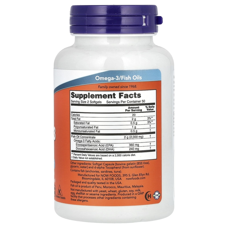 NOW Foods, рыбий жир с омега-3, 1000 мг, 180 ЭПК, 120 ДГК, 100 капсул