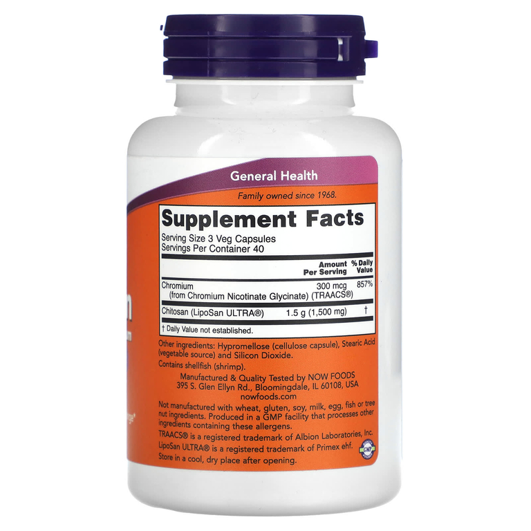 NOW Foods, хитозан с хромом, 500 мг, 120 вегетарианских капсул