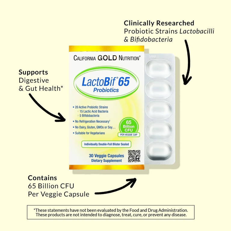 California Gold Nutrition, LactoBif 65, пробиотики, 65 млрд КОЕ, 30 вегетарианских капсул