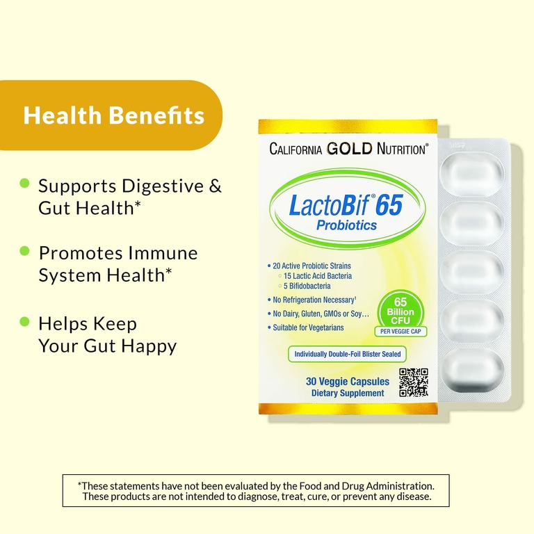 California Gold Nutrition, LactoBif 65, пробиотики, 65 млрд КОЕ, 30 вегетарианских капсул