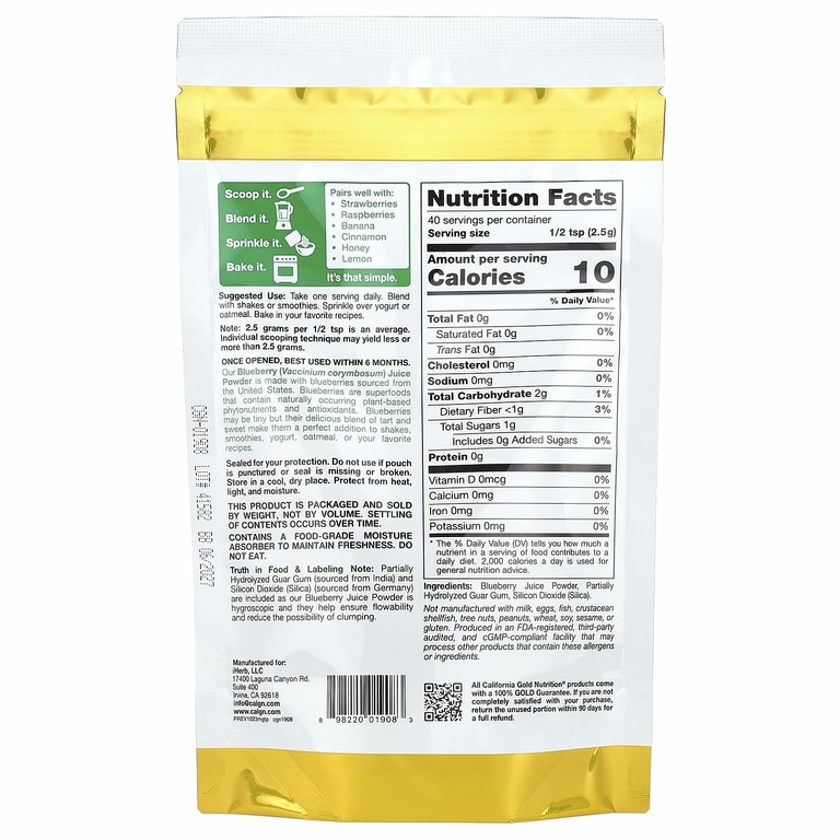 California Gold Nutrition, Superfoods, сок голубики в порошке, 100 г (3,53 унции)