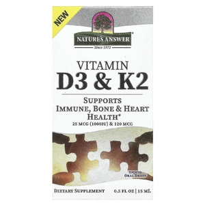 Nature's Answer, витамины D3 и K2, 25 мкг (1000 МЕ) и 120 мкг, 0,5 мл (120 жидк. унций)