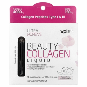 VPLab, Ultra Women's Beauty, жидкий коллаген, тропические фрукты, клубника и киви, 10 тюбиков с жидкостью, 100 мл (3,38 жидк. Унции)