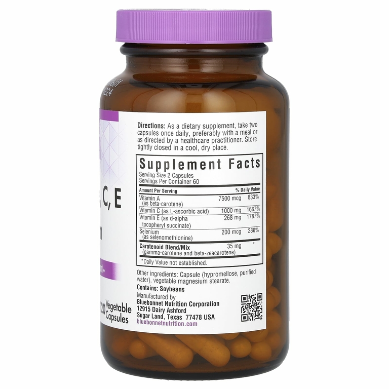 Bluebonnet Nutrition, бета-каротин, витамины C, E и селен, 120 растительных капсул