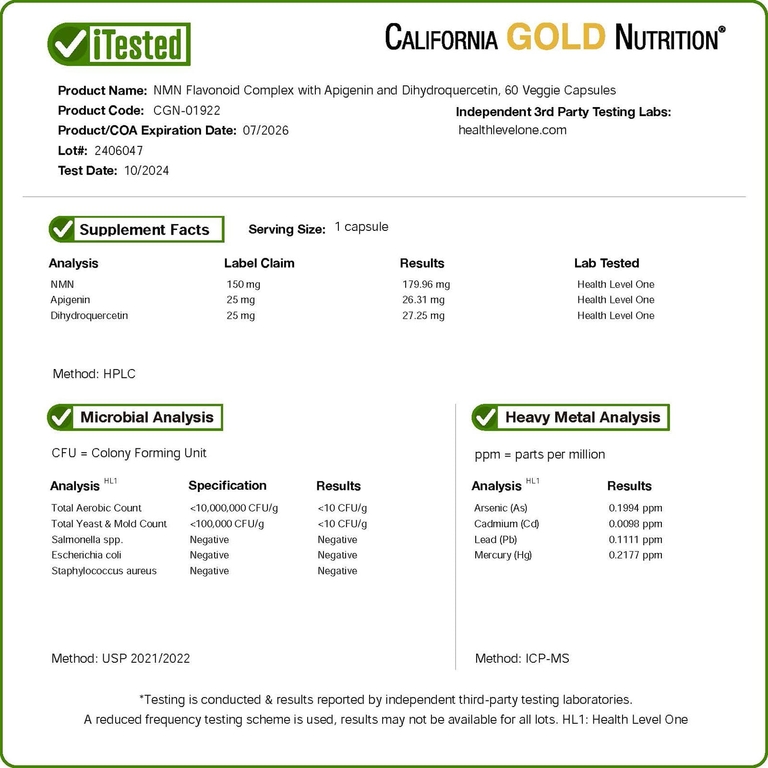 California Gold Nutrition, комплекс флавоноидов с NMN, апигенином и дигидрокверцетином, 60 растительных капсул