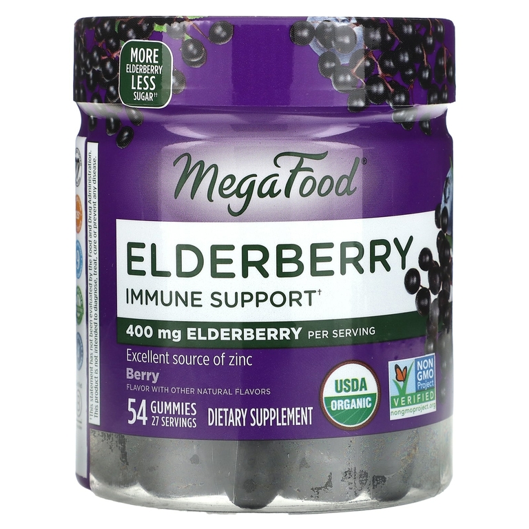 MegaFood, бузина для поддержки иммунитета, со вкусом ягод, 400 мг, 54 жевательные таблетки (200 мг в 1 жевательной таблетке)