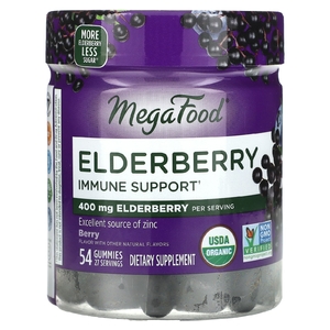 MegaFood, бузина для поддержки иммунитета, со вкусом ягод, 400 мг, 54 жевательные таблетки (200 мг в 1 жевательной таблетке)