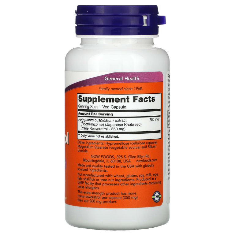 NOW Foods, Ресвератрол с повышенной силой действия, 350 мг, 60 вегетарианских капсул