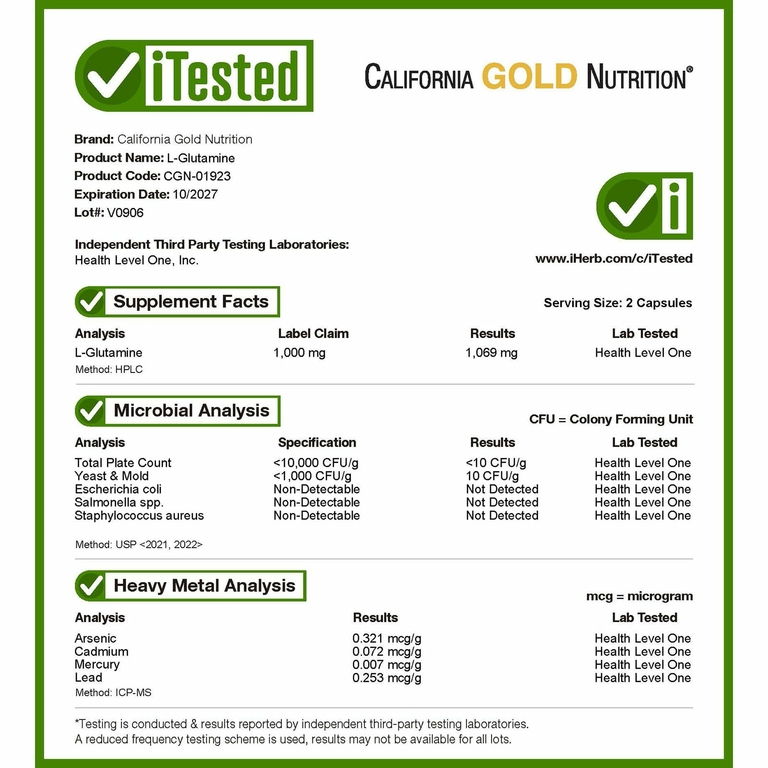 California Gold Nutrition, AjiPure, L-глютамин, 120 растительных капсул (500 мг в 1 капсуле)