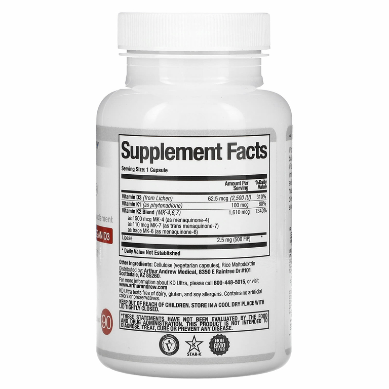Arthur Andrew Medical, KD Ultra, полный спектр K2 с веганским витамином D3, 90 капсул
