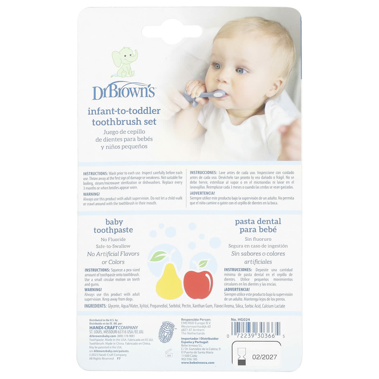 Dr. Brown's, Набор зубных щеток для малышей, 0–3 лет, синий, яблочная груша, набор из 2 предметов