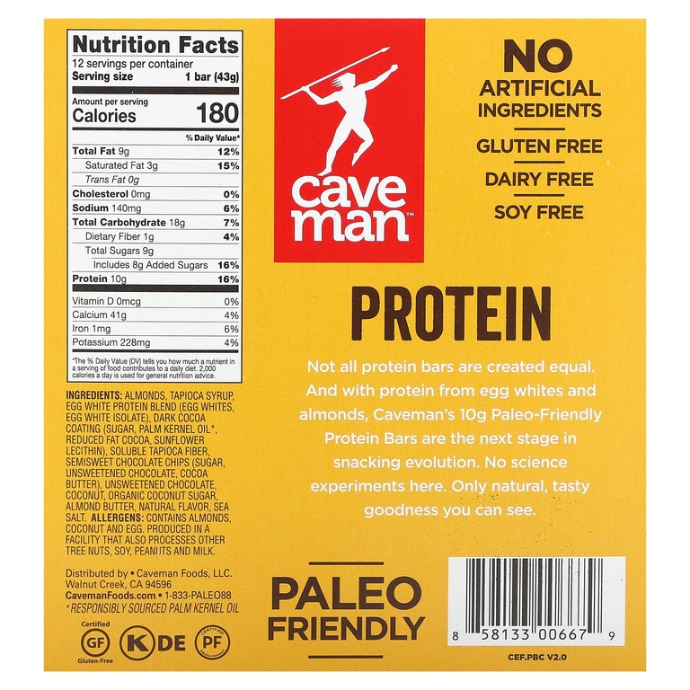 Caveman Foods, Protein Bar, шоколадно-миндальная паста, 12 батончиков, 43 г (1,52 унции) (Товар снят с продажи) 