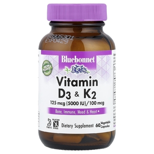Bluebonnet Nutrition, витамины D3 и K2, 60 вегетарианских капсул