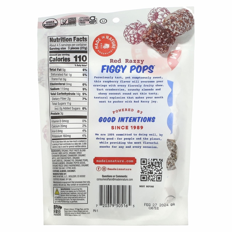 Made in Nature, Razzy Pops, суперснеки с красной малиной, 119 г (4,2 унции)