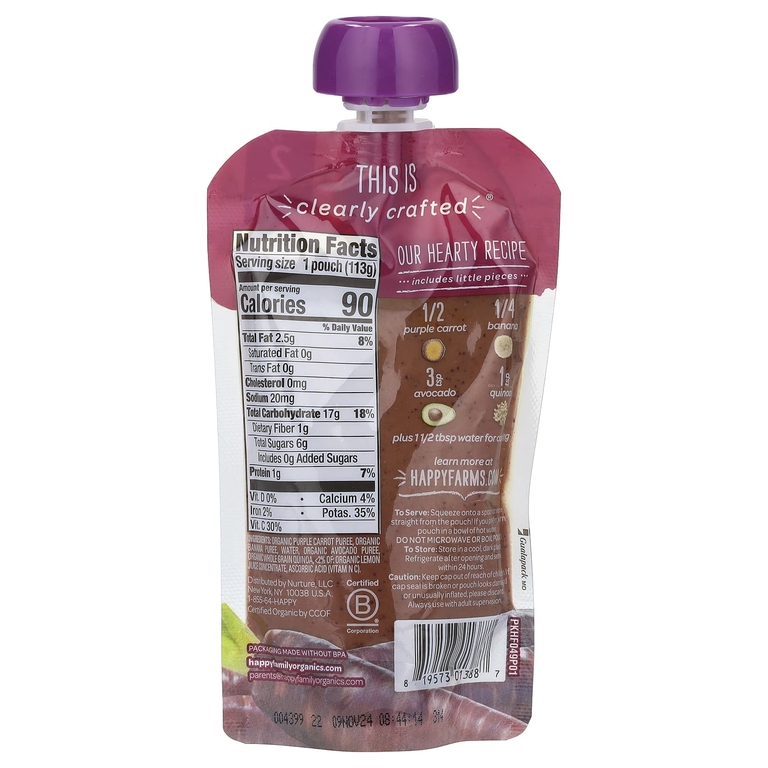 Happy Family Organics, Happy Baby®, органическое детское питание, от 6 месяцев, фиолетовая морковь, бананы, авокадо и киноа, 113 г (4 унции)