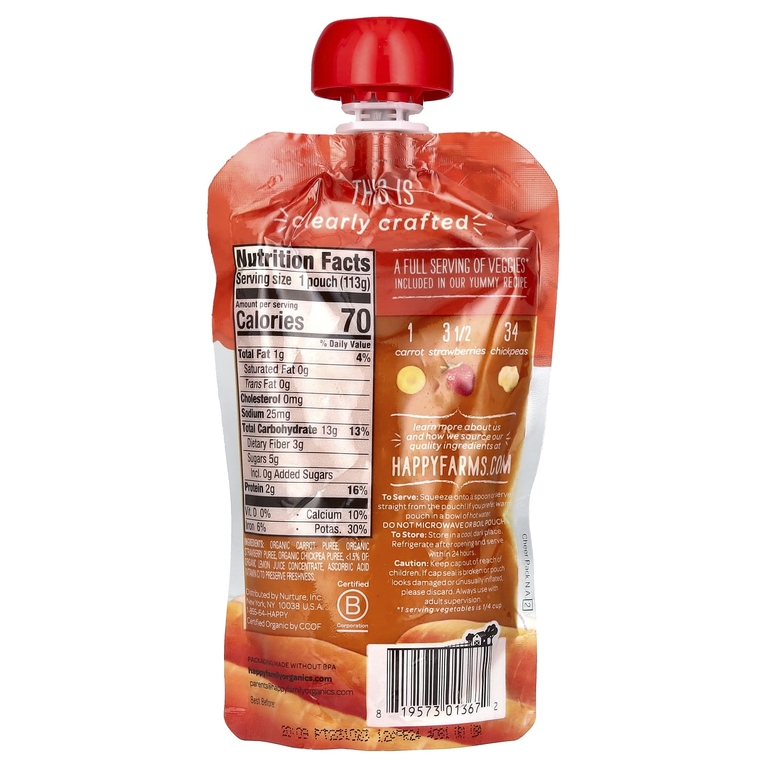 Happy Family Organics, Happy Baby, органическое детское питание, для детей от 6 месяцев, морковь, клубника и нут, 113 г (4 унции)
