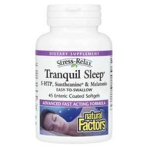 Natural Factors, Stress-Relax, спокойный сон, 5-HTP, сунтеанин и мелатонин, 45 мягких таблеток, покрытых кишечнорастворимой оболочкой