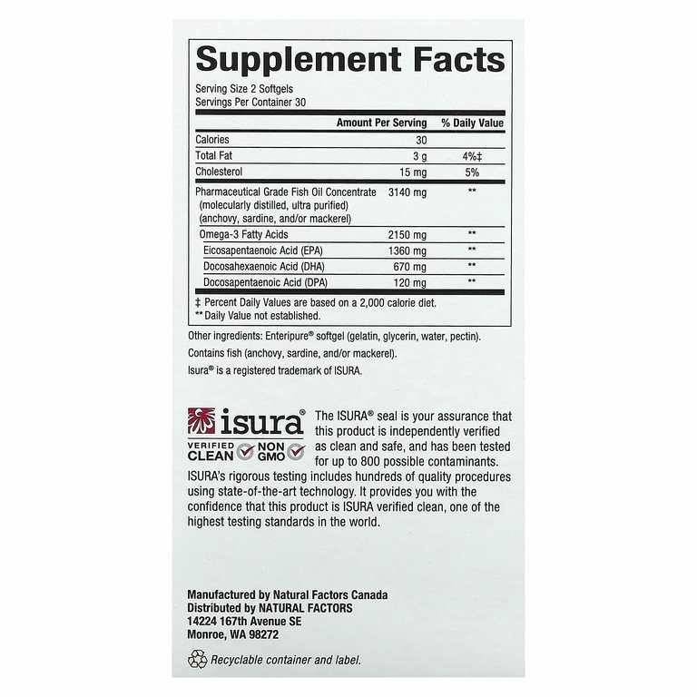 Natural Factors, RxOmega-3, омега-3 повышенной силы действия, 2150 мг, 60 капсул (1075 мг в 1 капсуле)