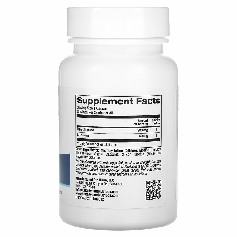 Lake Avenue Nutrition, бенфотиамин, 300 мг, 30 растительных капсул