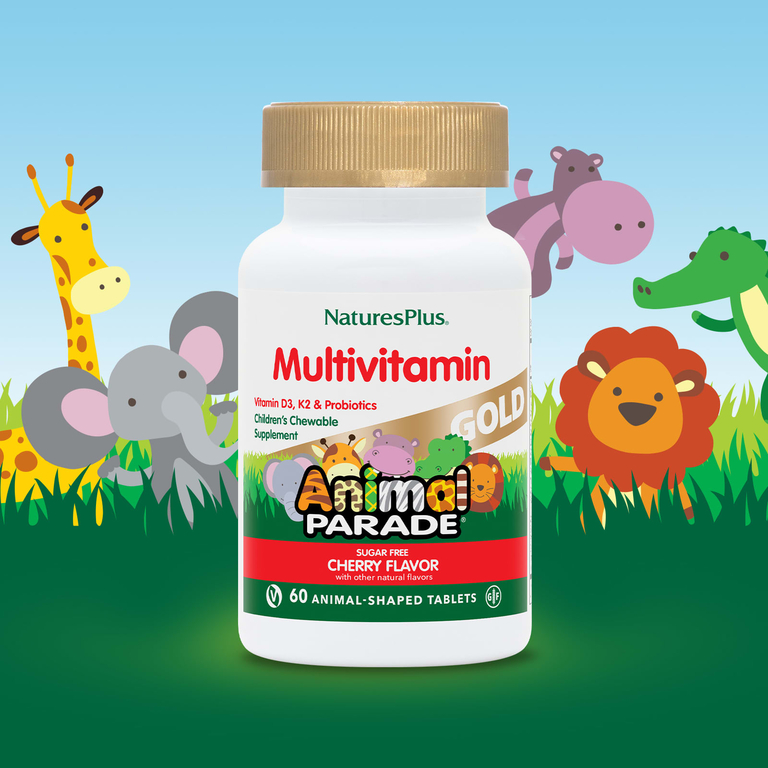 NaturesPlus, Animal Parade Gold, мультивитаминная добавка для детей, вишня, 60 таблеток в форме животных