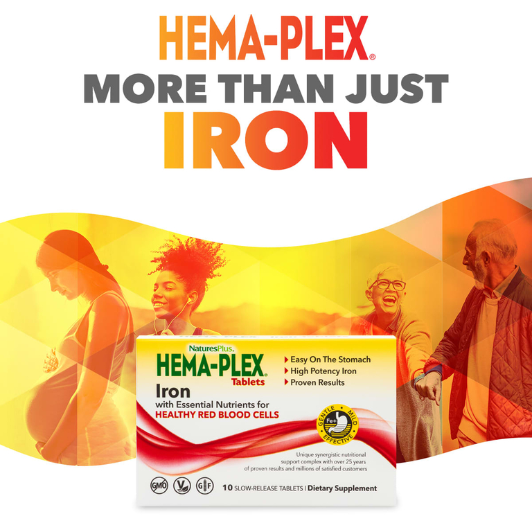 NaturesPlus, Hema-Plex, железо с незаменимыми питательными веществами для здоровых эритроцитов, 10 таблеток с замедленным высвобождением