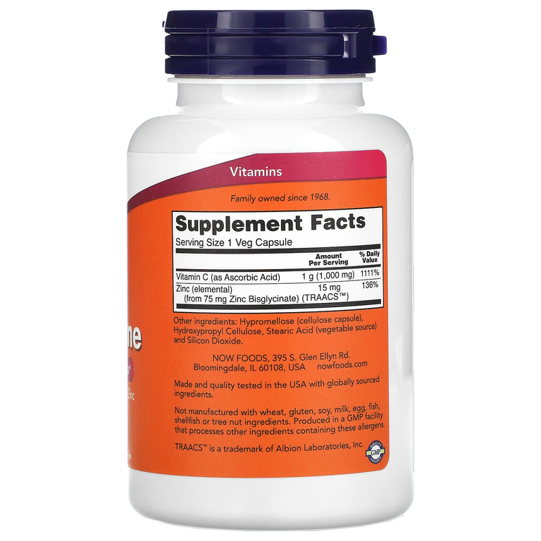 NOW Foods, C-1000 с цинком для укрепления иммунитета, витамин C, 1000 мг и цинк, 15 мг, 90 вегетарианских капсул