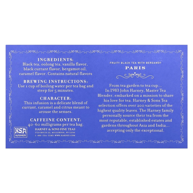 Harney & Sons, Фруктовый черный чай с бергамотом, Париж, 50 чайных пакетиков, 90 г (3,17 унции)