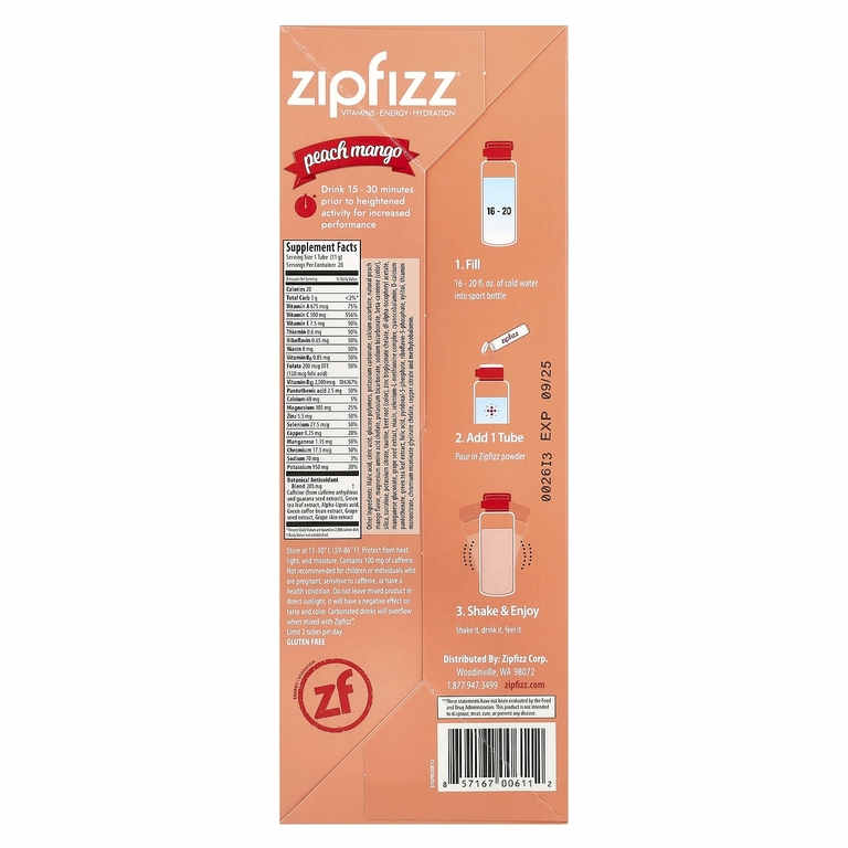 Zipfizz, Energy Drink Mix, персик и манго, 20 тюбиков по 11 г (0,39 унции)