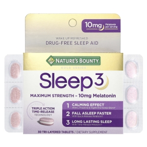 Nature's Bounty, Sleep 3, средство для снятия максимальной эффективности, без наркотиков, 30 трехслойных таблеток