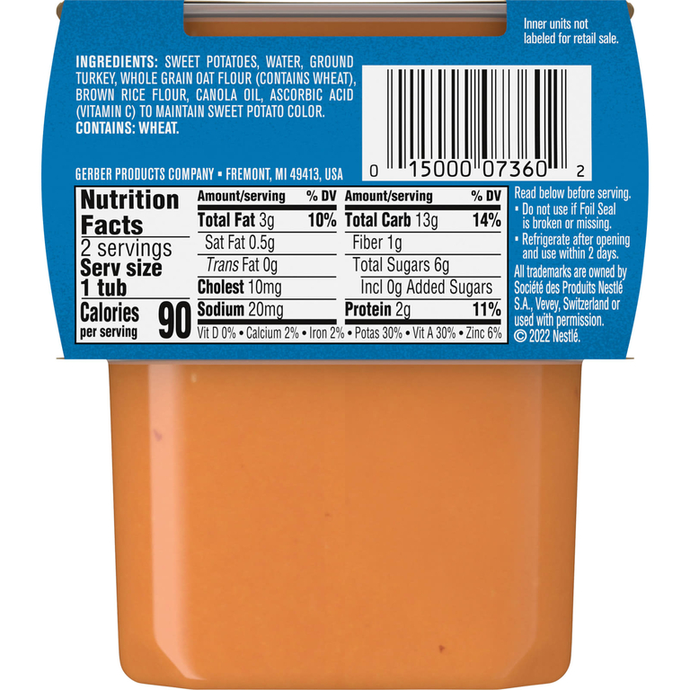 Gerber, Батат с индейкой и цельнозерновой ужин, 2nd Foods, 2 пакетика по 113 г (4 унции)
