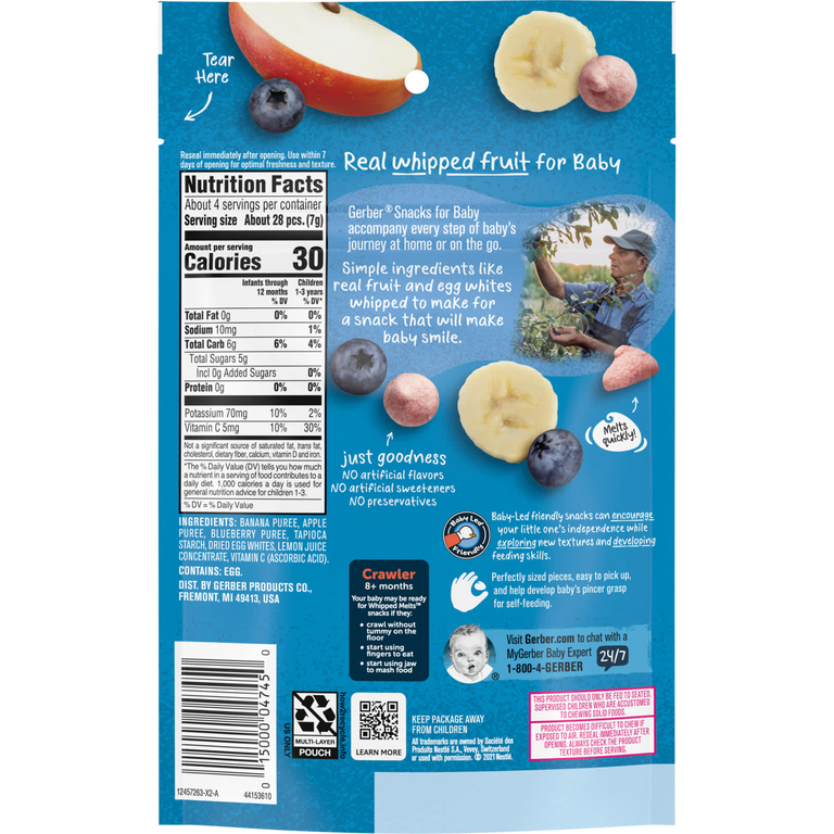 Gerber, Natural for Baby, взбитые смеси, для детей от 10 месяцев, банан, яблоко и голубика, 28 г (1 унция)